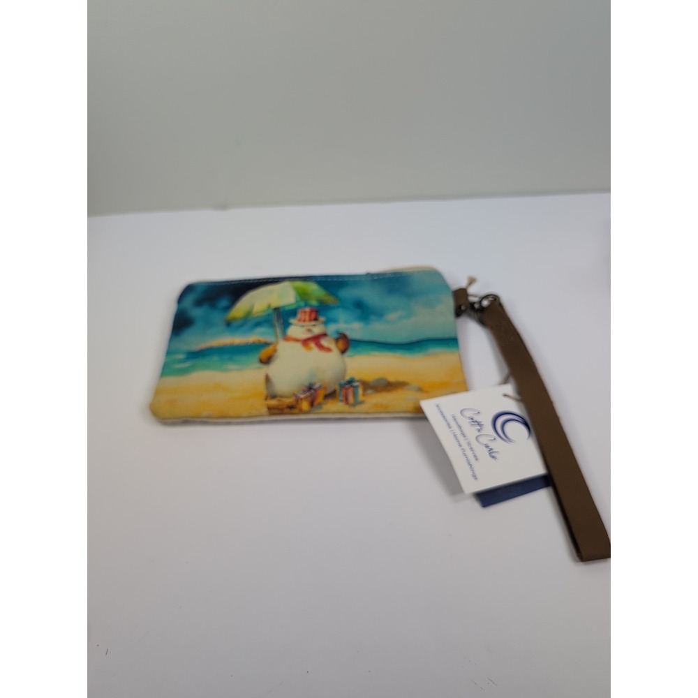 Cott n Curls‎ Snowman On The Beach Canvas Zipper Wristlet Bag Art NWT